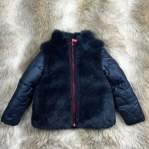 Crewcuts Navy Faux Fur Puffer Jacket with Burgundy Accents